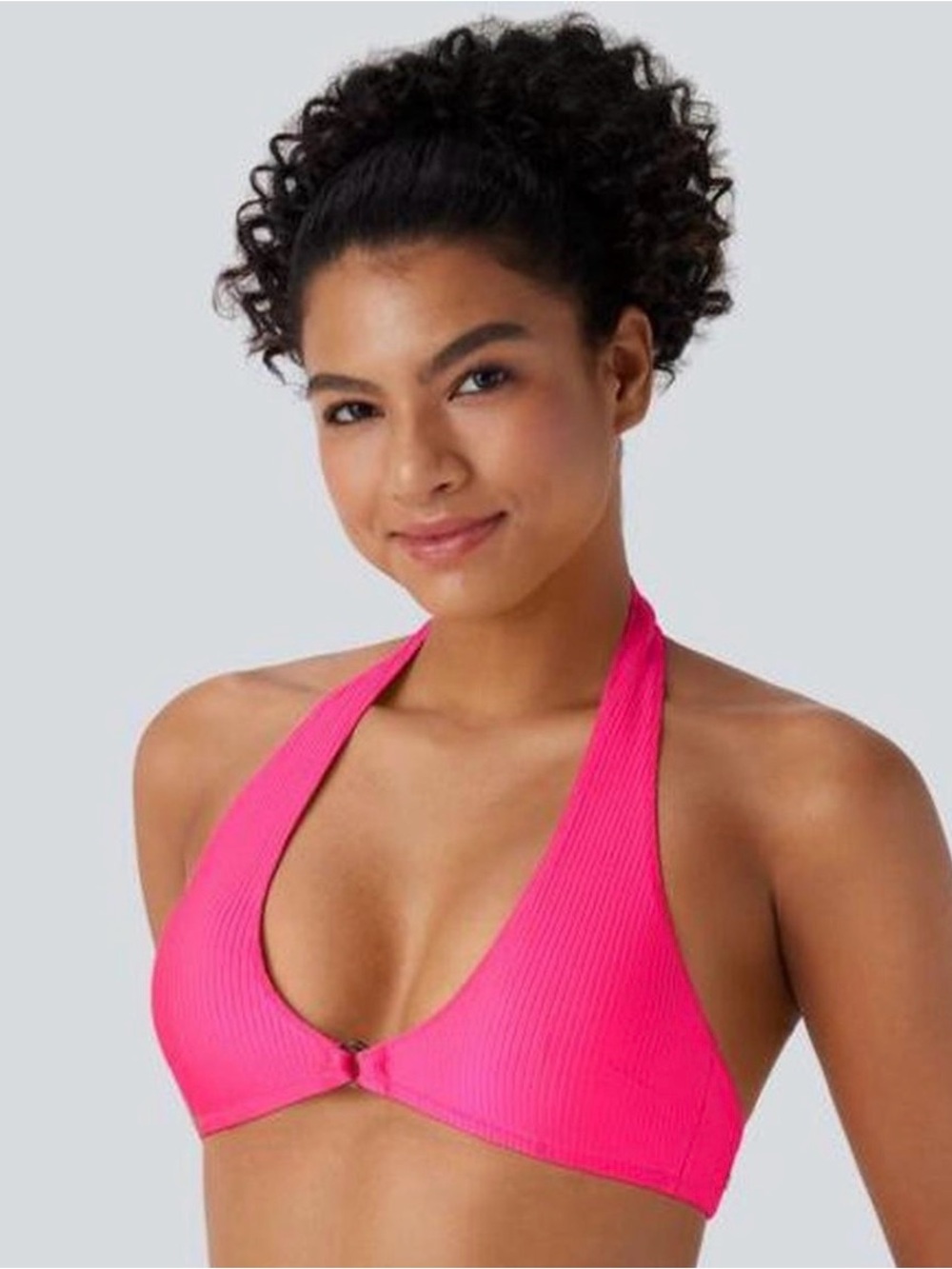 HALARA Ribbed Halter Bikini Top in Hot Pink